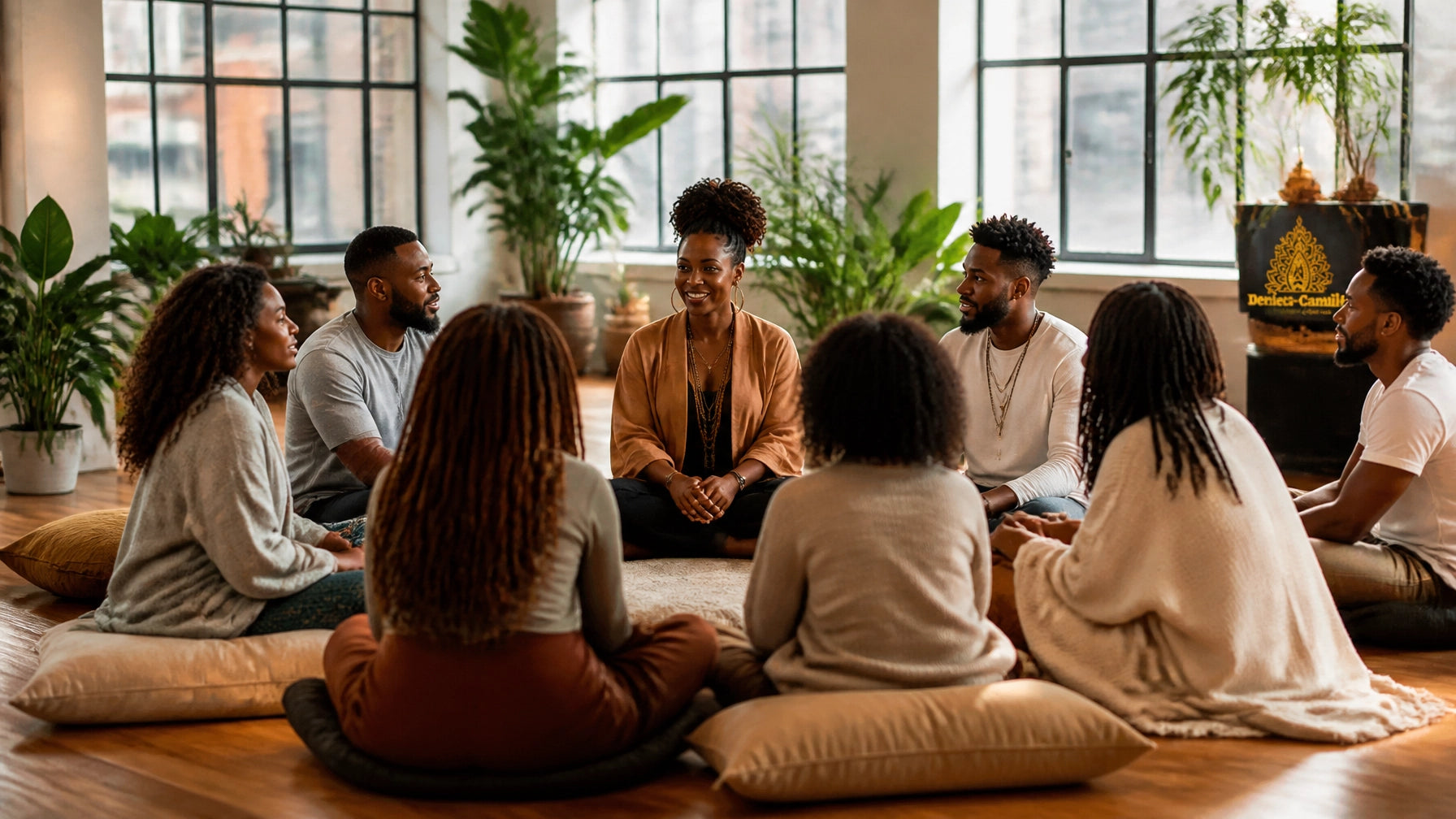Group of African American people in a sun-drenched healing circle