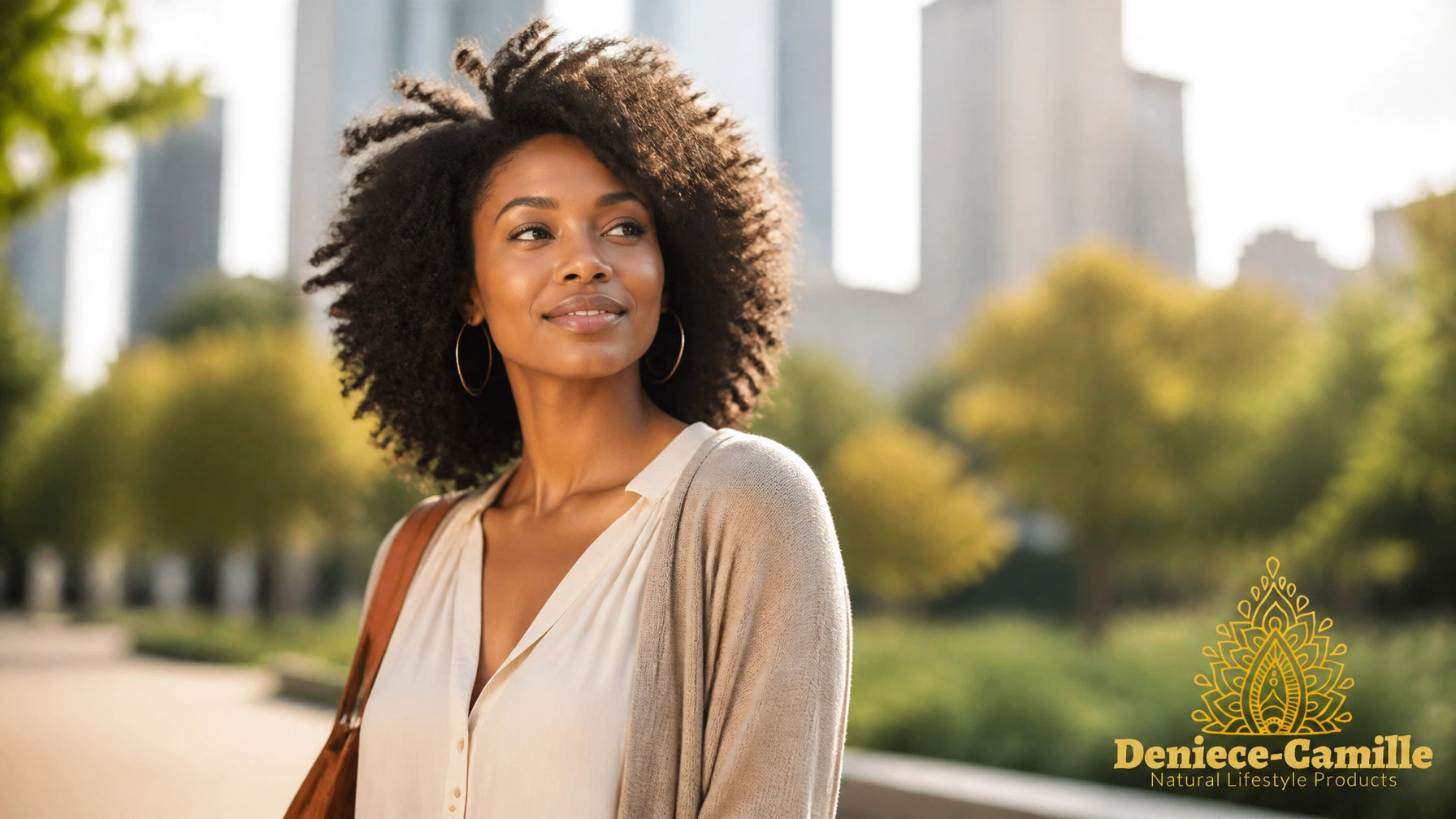A radiant African American woman with natural curls walking through a sun-drenched urban park, looking empowered and calm.