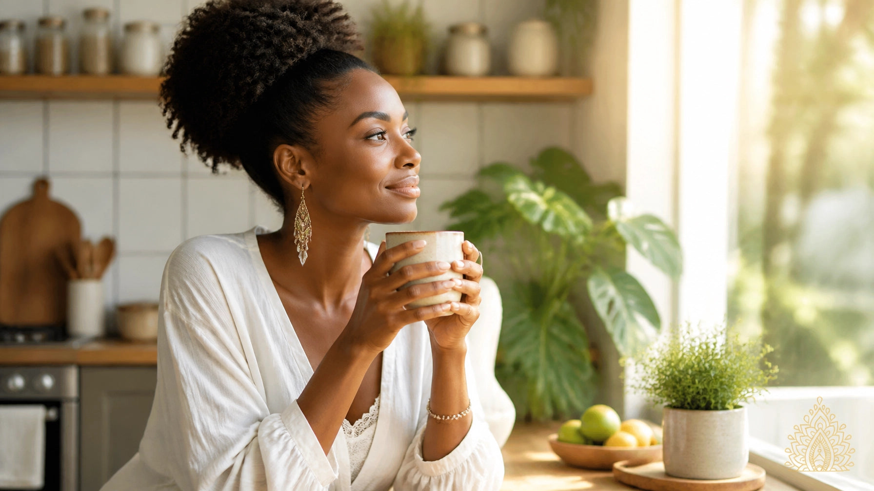 A serene African American woman sitting in a sunlit kitchen, embodying holistic wellness.