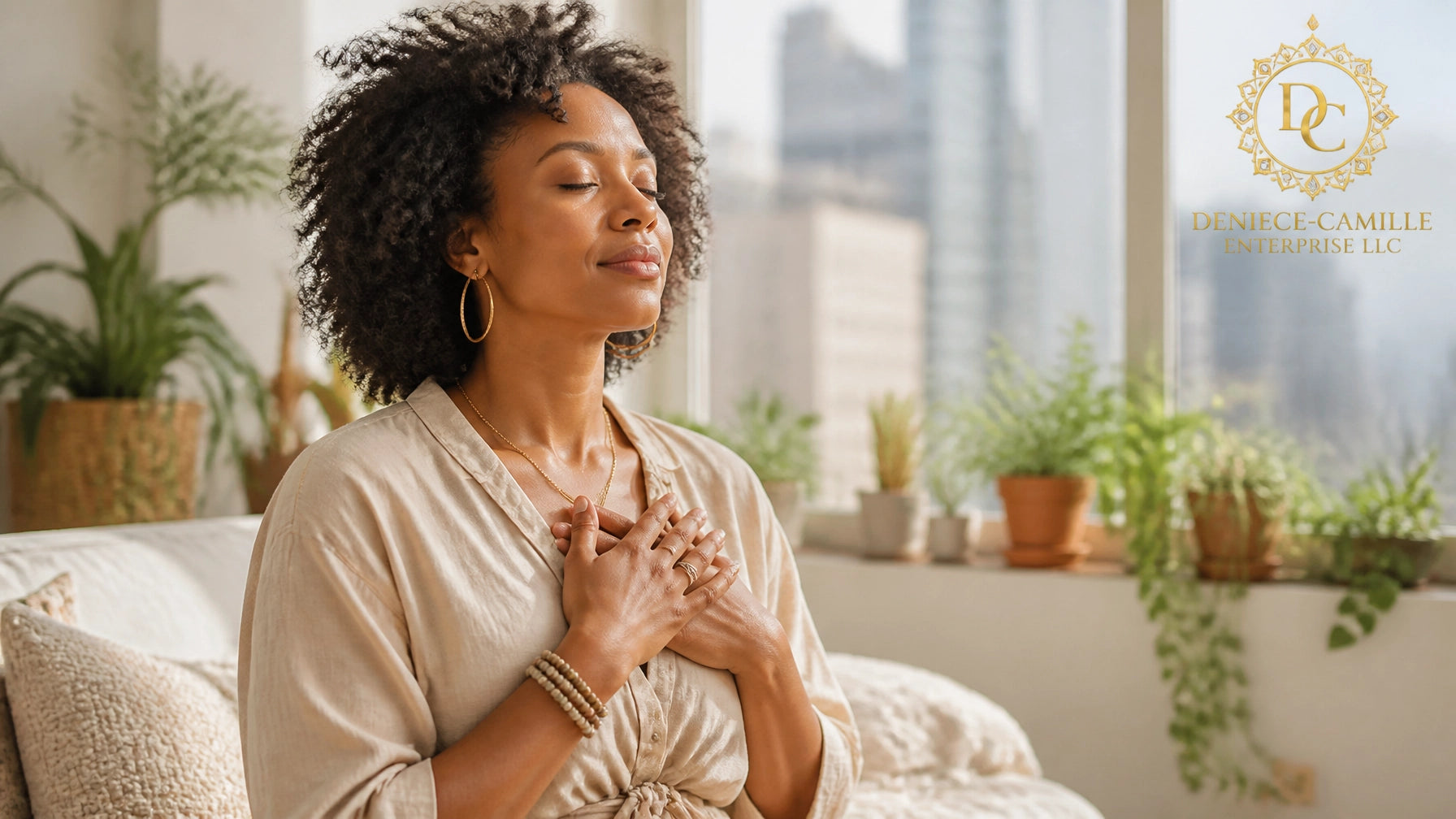 A beautiful African American woman sitting peacefully in a sunlit modern urban apartment, practicing grounding with the gold 