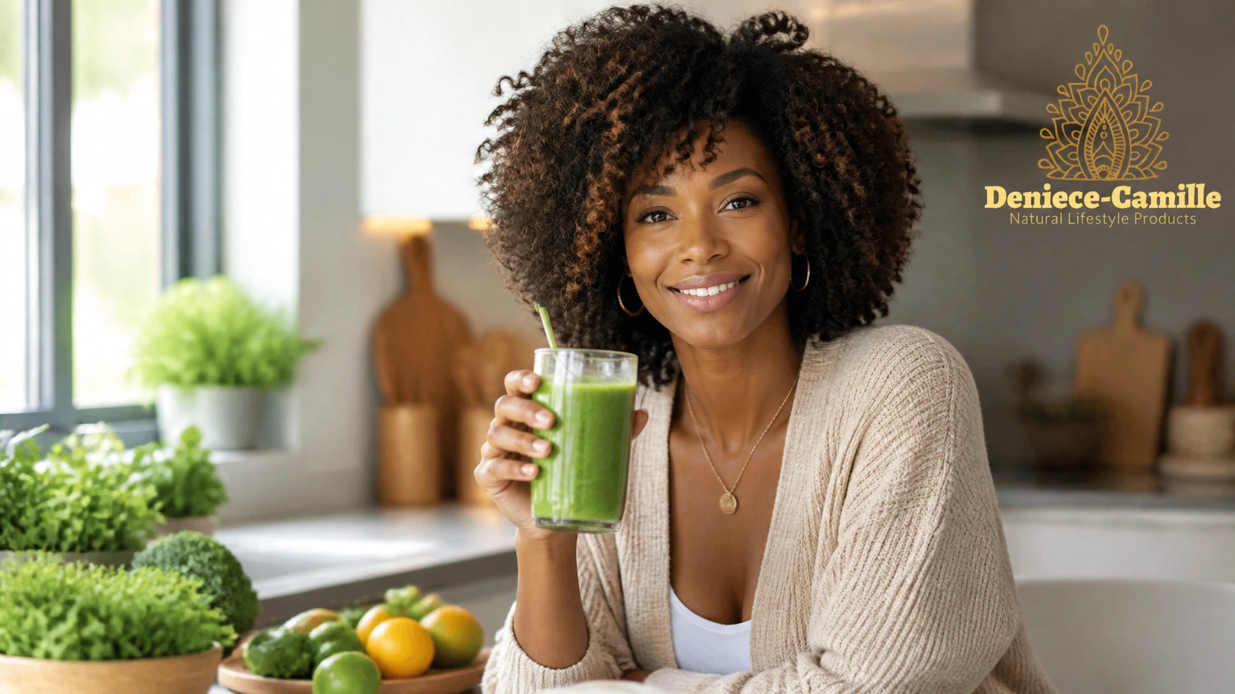 A beautiful African American woman smiling peacefully in a sun-drenched kitchen, holding a vibrant green smoothie, symbolizin
