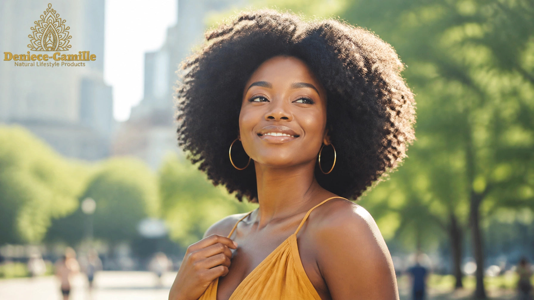 Radiant African American woman with natural hair in a sunlit urban park