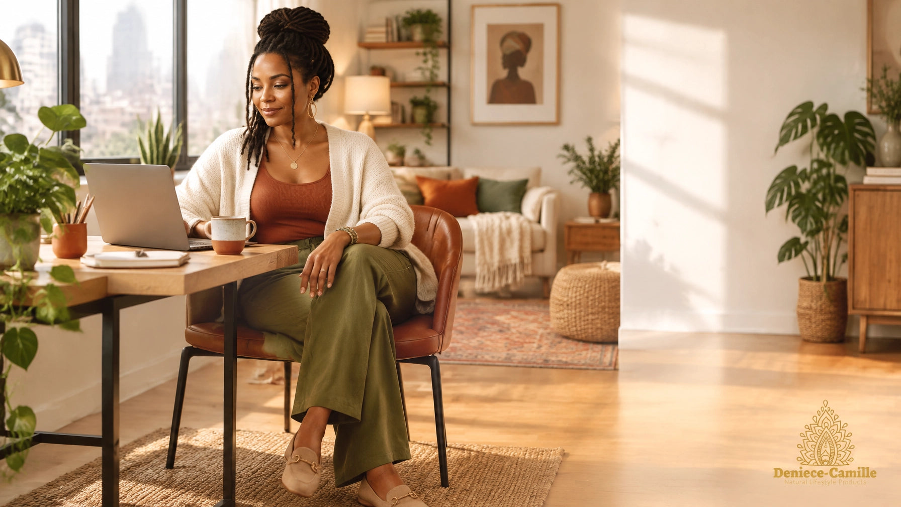 African American woman sitting at an urban apartment desk with both feet grounded on the floor