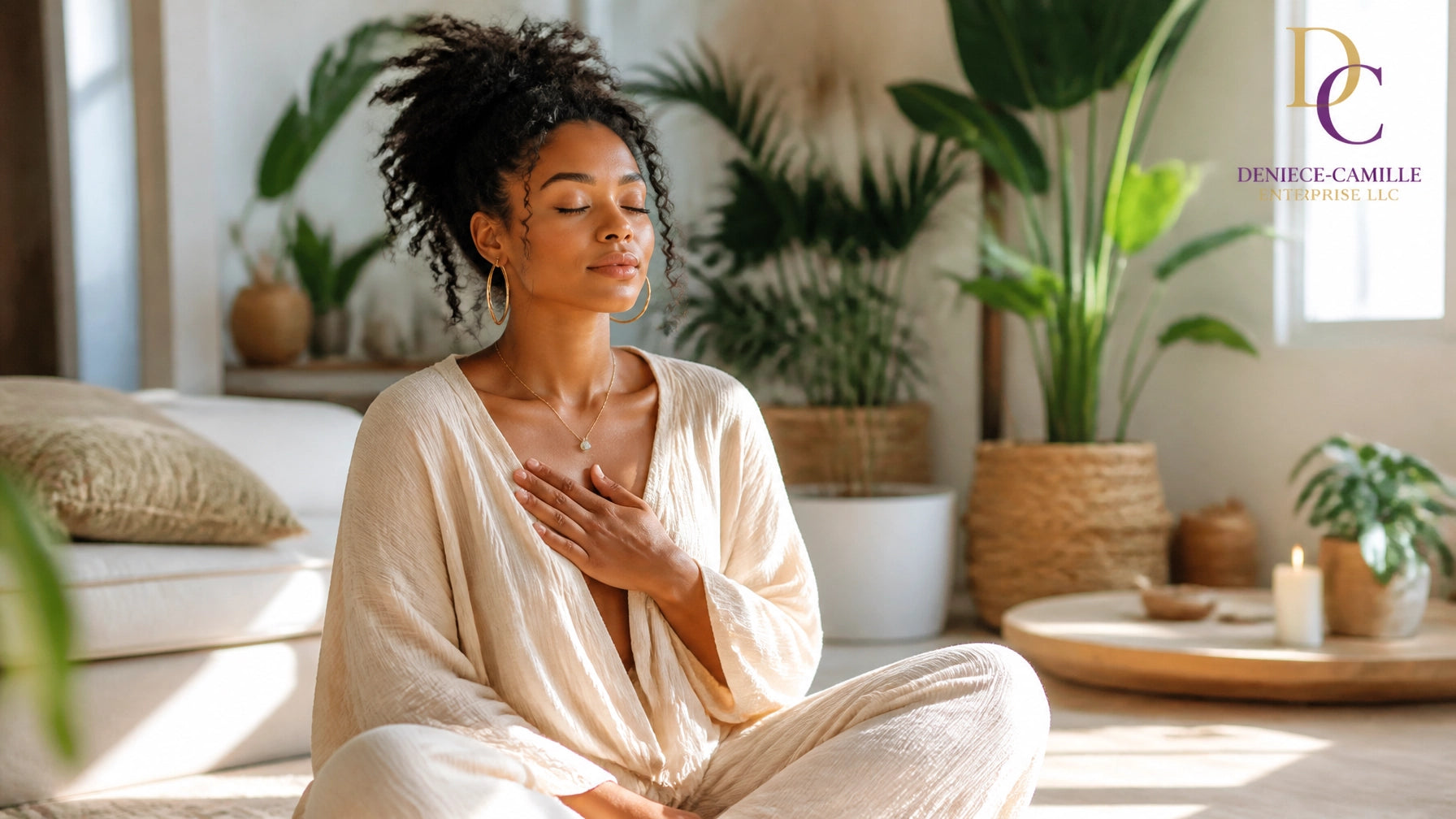 A serene African American woman reflecting peacefully in a sun-drenched, modern room, evoking holistic wellness and spiritual