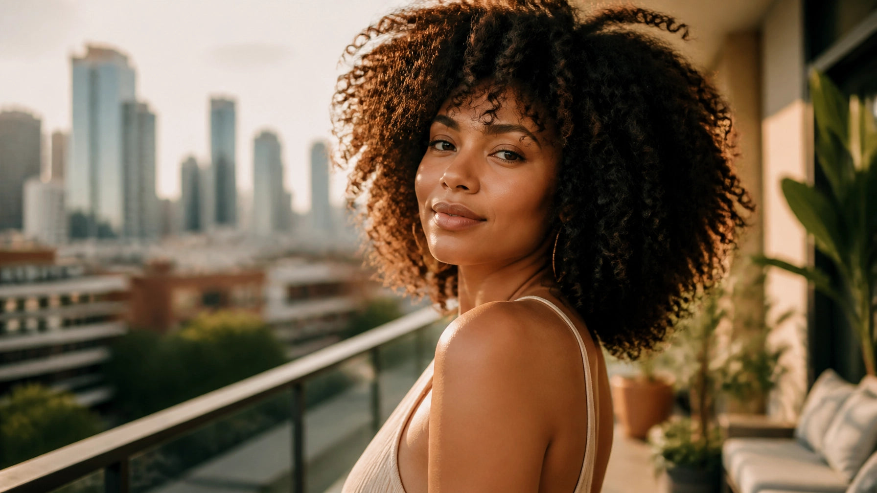 A beautiful African American woman with natural, voluminous curls standing on a sun-drenched urban balcony