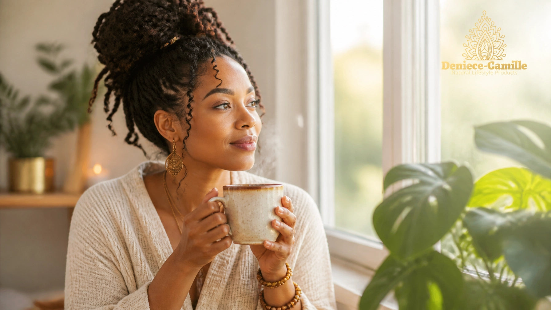 A serene African American woman sitting by a sunlit window, representing rhythmic health and holistic wellness